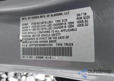 2017 Honda Ridgeline Rtl from USA, damaged, VIN 5FPYK3F53HB014724